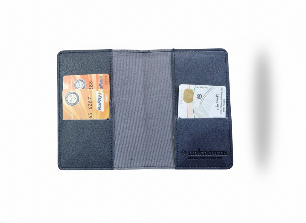 Unknowns Classic Passport Cover | Personalized Vegan Leather Holder with Card Slots for Indian & Global Travel (Navy Blue)