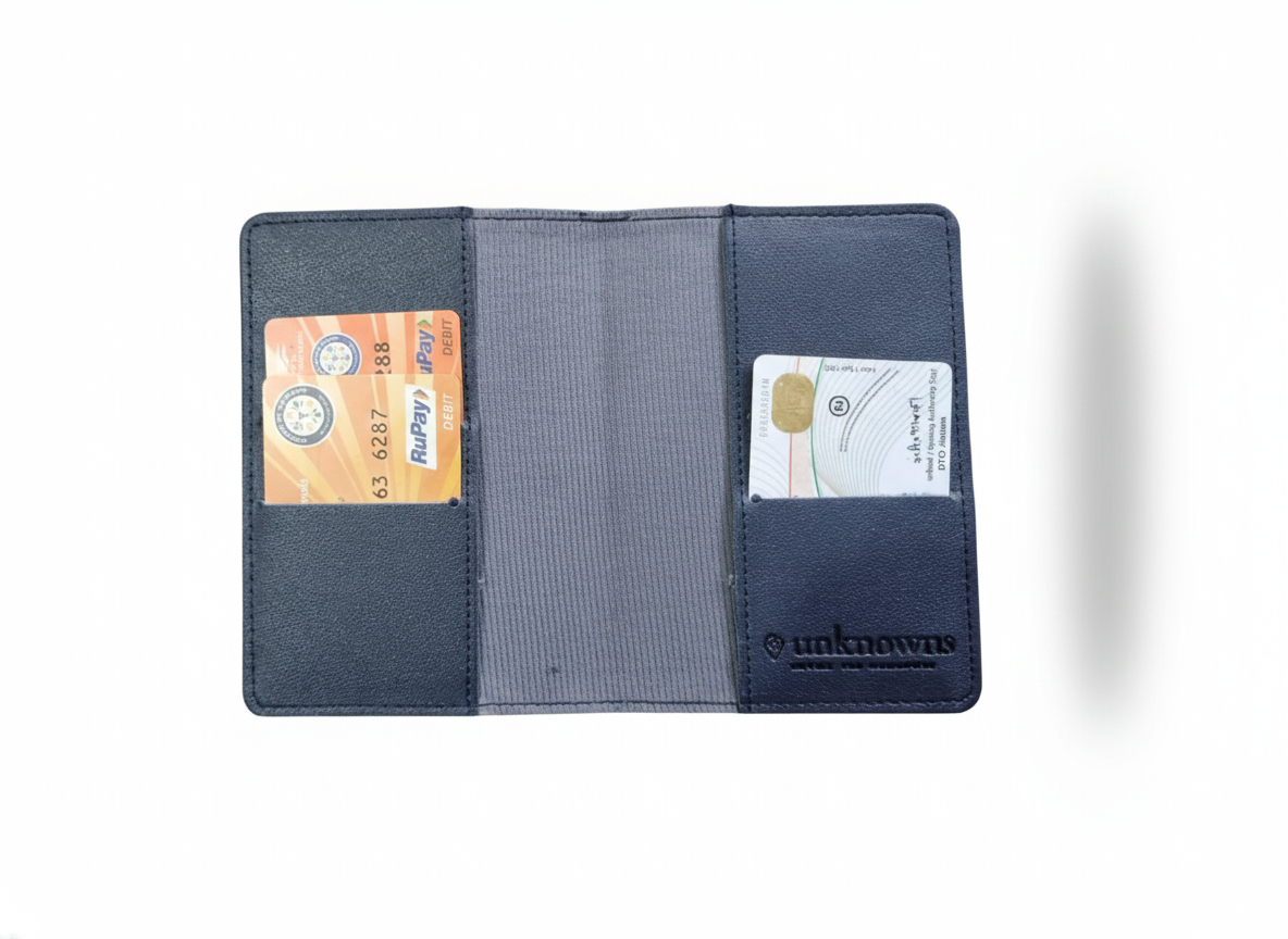 Unknowns Classic Passport Cover | Personalized Vegan Leather Holder with Card Slots for Indian & Global Travel (Navy Blue)