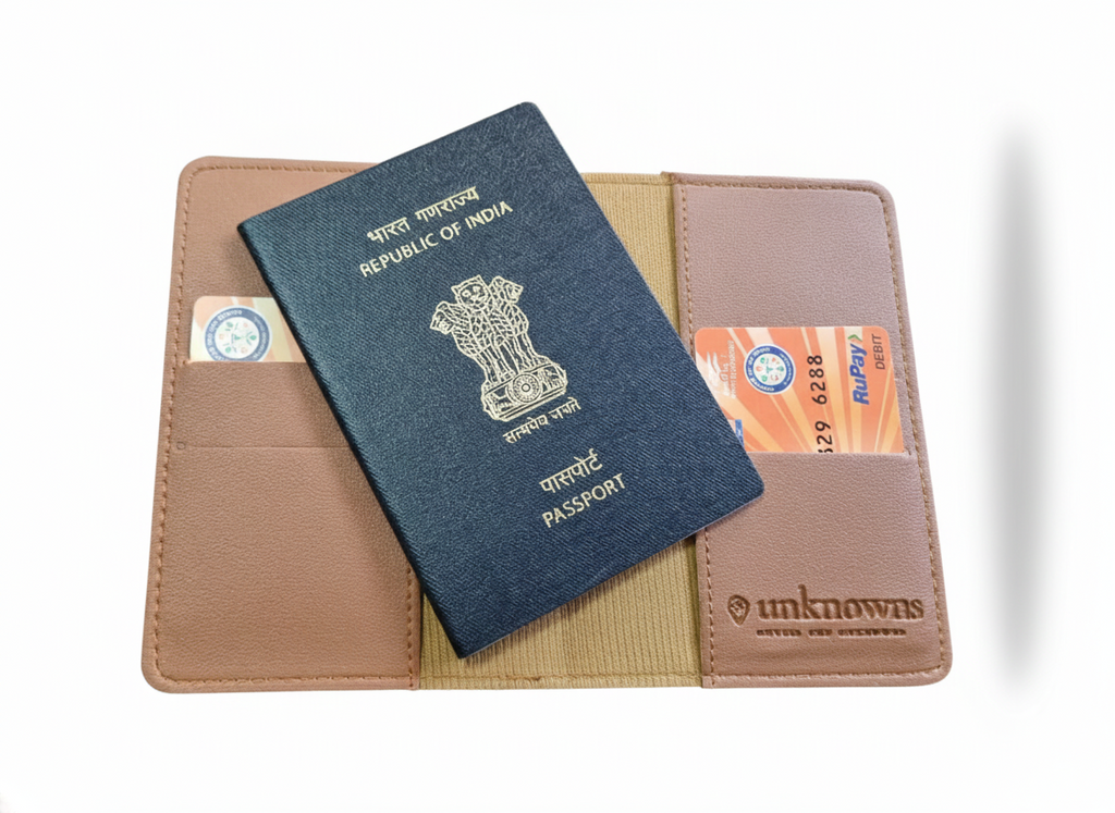Unknowns Classic Passport Cover | Personalized Vegan Leather Holder with Card Slots for Indian & Global Travel (Brown)
