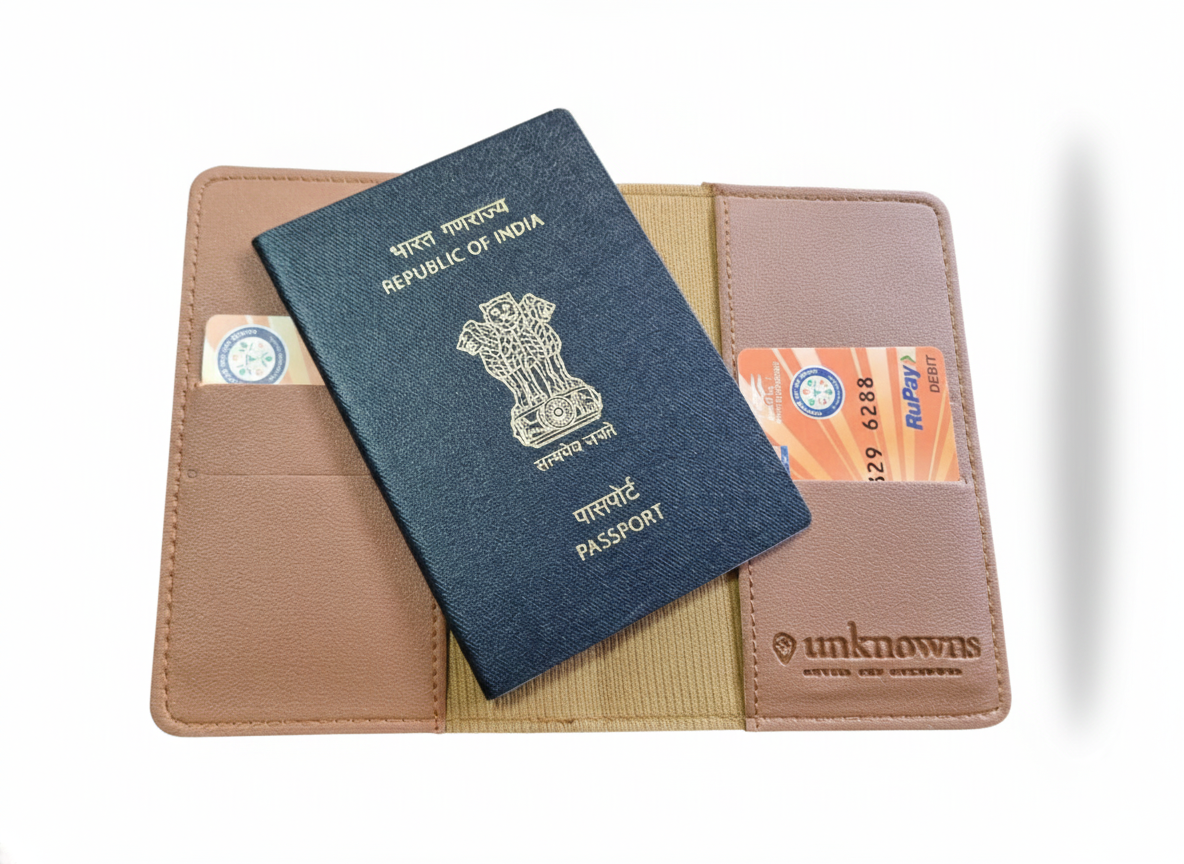 Unknowns Classic Passport Cover | Personalized Vegan Leather Holder with Card Slots for Indian & Global Travel (Brown)