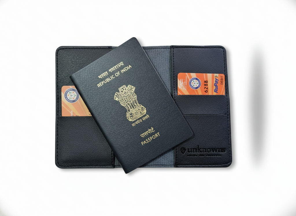 Unknowns Classic Passport Cover | Personalized Vegan Leather Holder with Card Slots for Indian & Global Travel (Black)