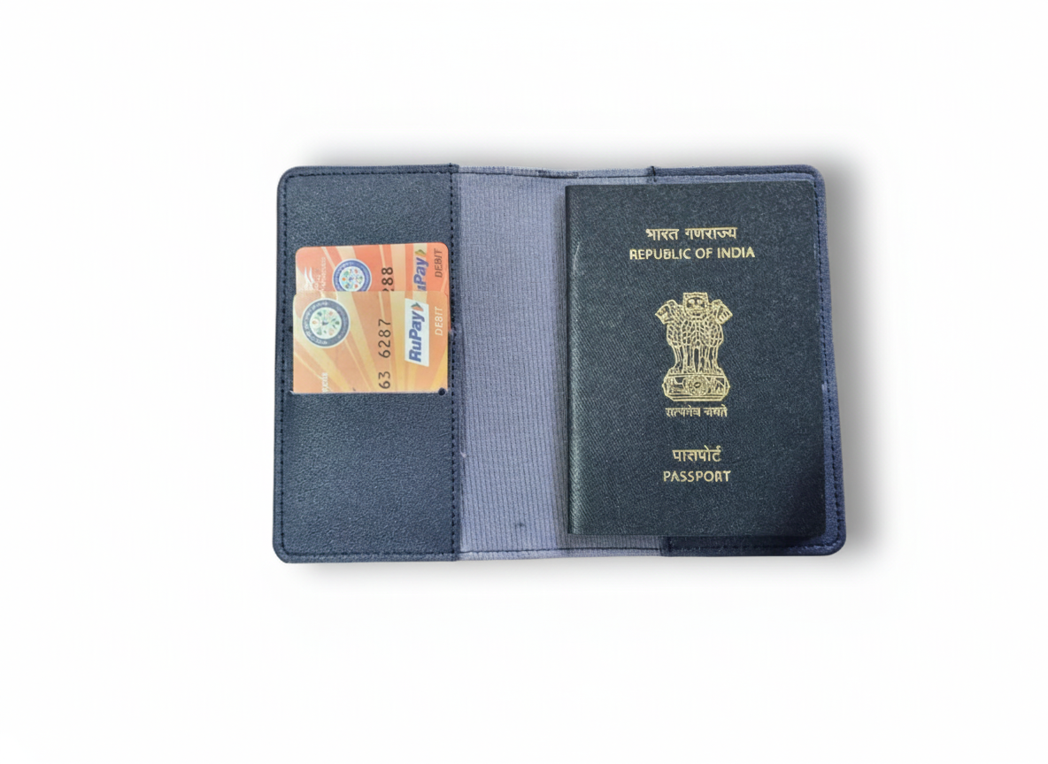 Unknowns Classic Passport Cover | Personalized Vegan Leather Holder with Card Slots for Indian & Global Travel (Navy Blue)