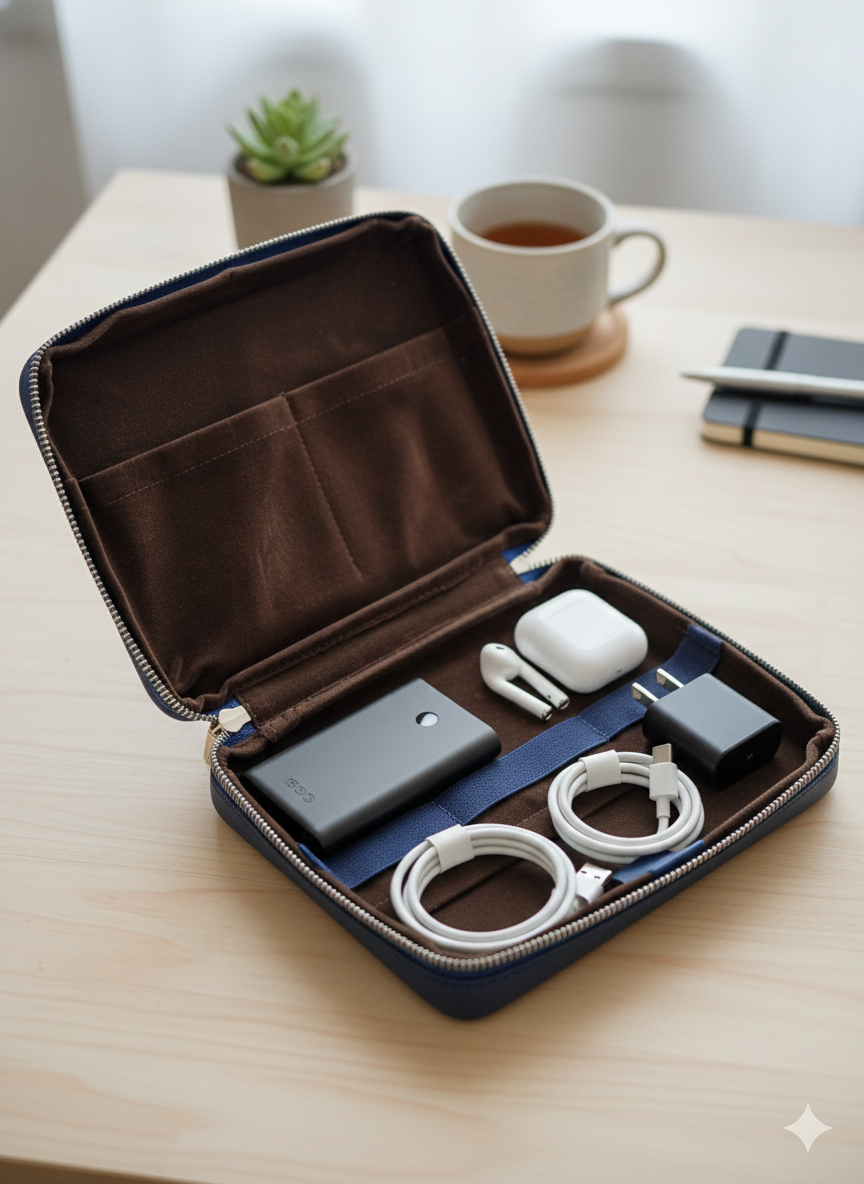 Unknowns Navigator Tech Organizer | Premium Vegan Leather Gadget Pouch for Cables, Charger, Power Bank, and Travel Accessories (Supreme) (Navy Blue)