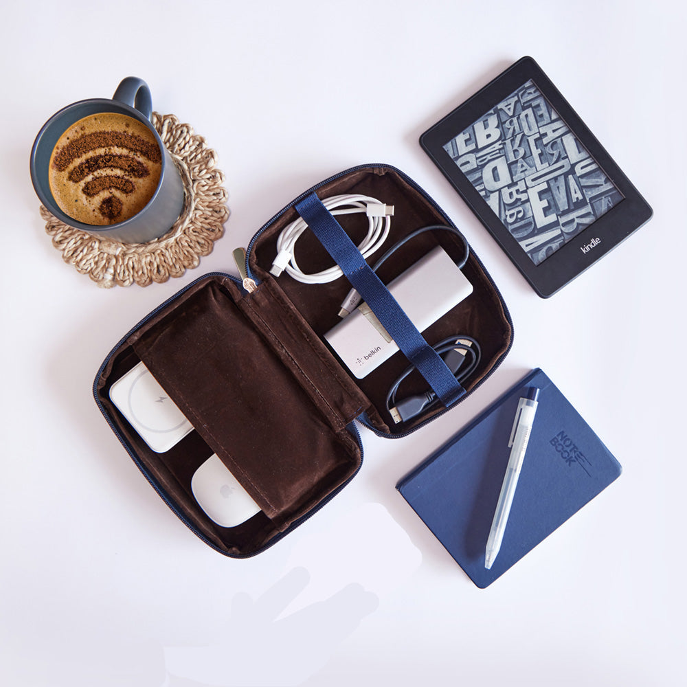 Unknowns Standard Tech Organizer | Compact Vegan Leather Pouch for Cables, USBs, and Essential Travel Gadgets (Standard) (Navy Blue)