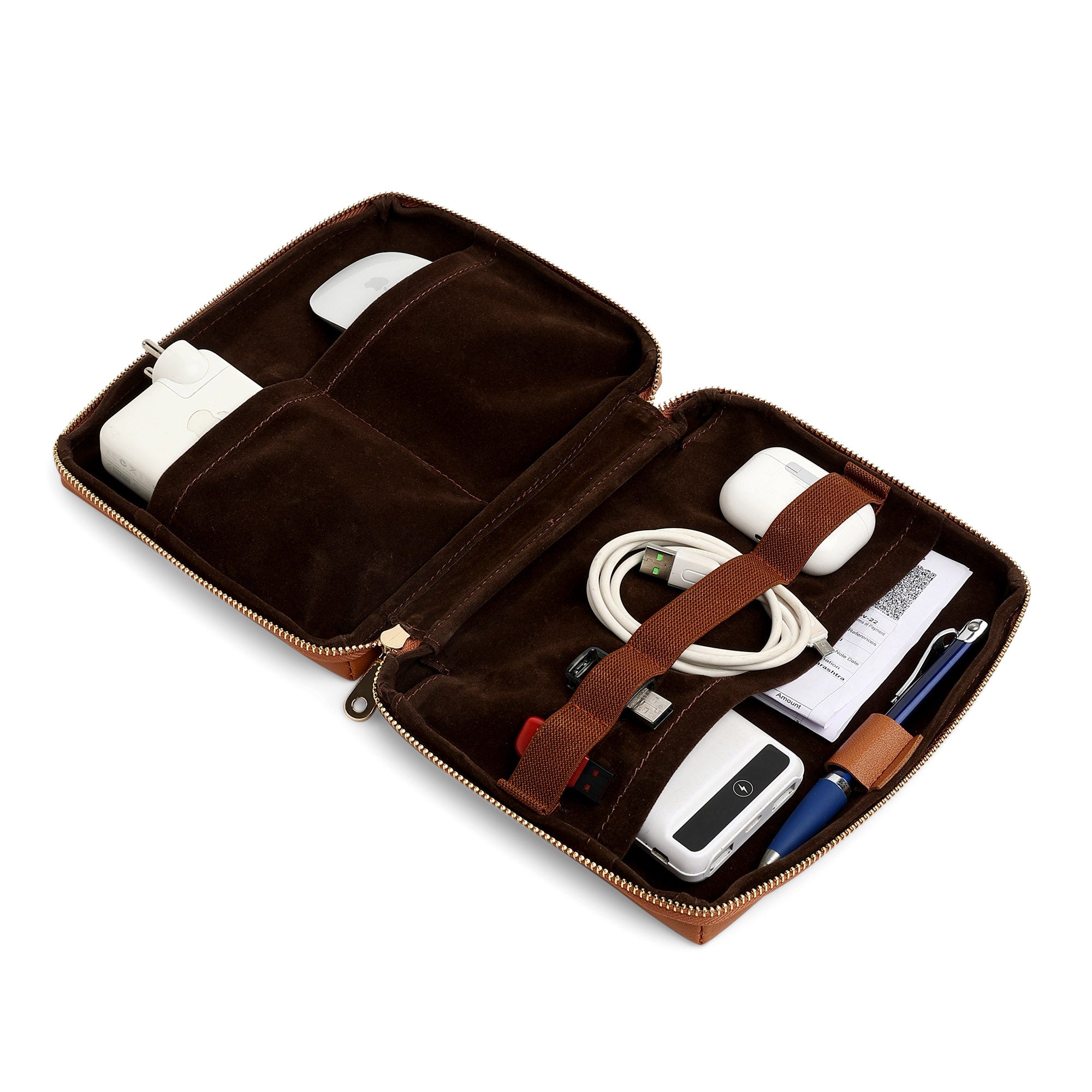 Unknowns Navigator Tech Organizer | Premium Vegan Leather Gadget Pouch for Cables, Charger, Power Bank, and Travel Accessories (Supreme) (Brown)