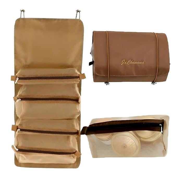 Unknowns Roll-Up 4-in-1 Hanging Toiletry Bag | Large Capacity Cosmetic Organizer for Men & Women Travel (Khaki)