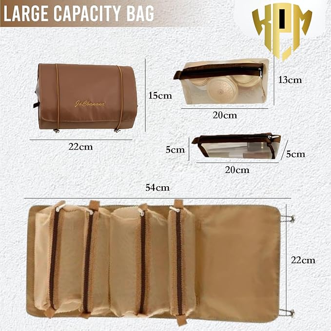 Unknowns Roll-Up 4-in-1 Hanging Toiletry Bag | Large Capacity Cosmetic Organizer for Men & Women Travel (Khaki)