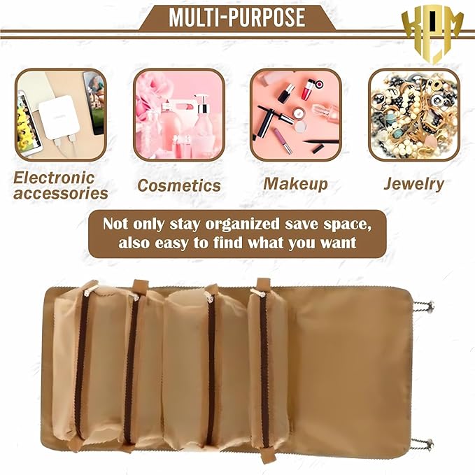Unknowns Roll-Up 4-in-1 Hanging Toiletry Bag | Large Capacity Cosmetic Organizer for Men & Women Travel (Khaki)