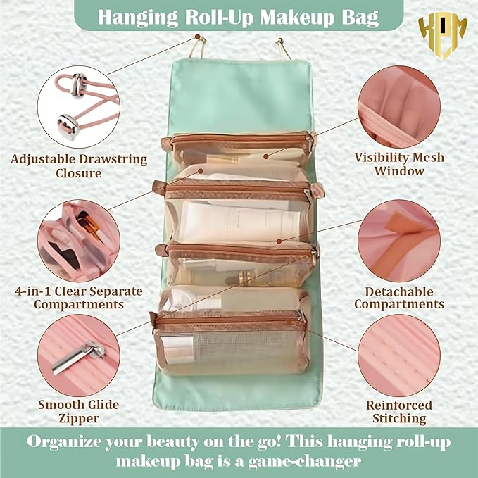 Unknowns Roll-Up 4-in-1 Hanging Toiletry Bag | Large Capacity Cosmetic Organizer for Men & Women Travel (Green)