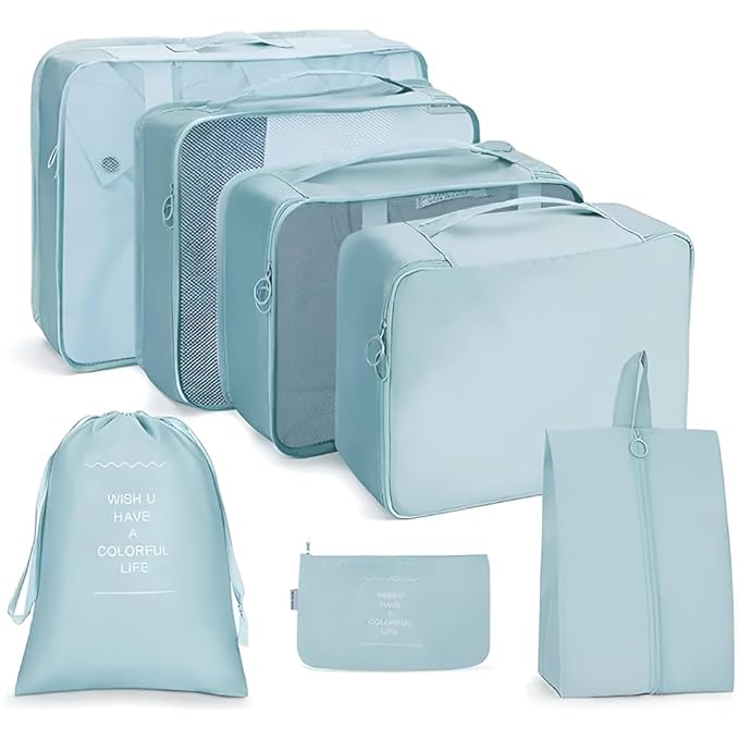 Unknowns Travel Organizer 7 in 1 Travel Laundry Cosmetics Luggage Packing Organizers Set Makeup Bags Organizer Packing Cubes with Shoe Bag for Travel, Nylon