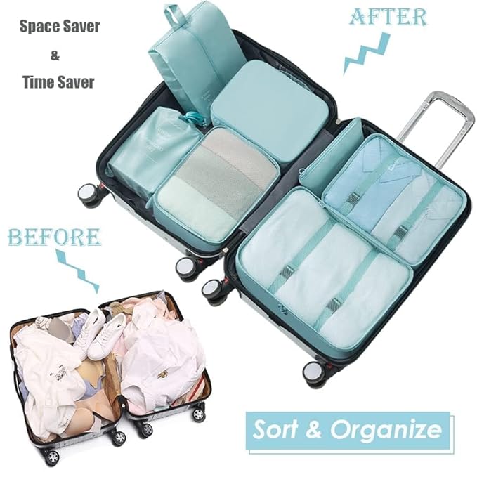 Unknowns Voyager 7-Piece Packing Cubes Set | Luggage Organizer for Clothes, Laundry, Shoes, and Travel Accessories (Blue)