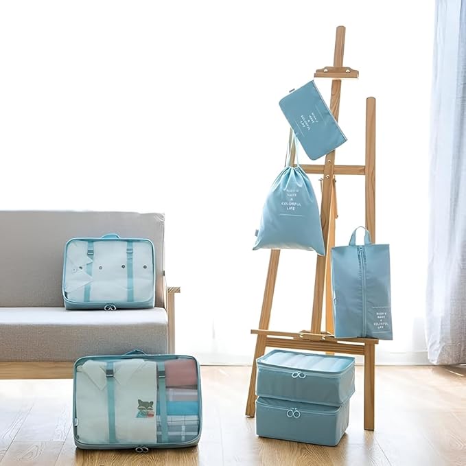 Unknowns Voyager 7-Piece Packing Cubes Set | Luggage Organizer for Clothes, Laundry, Shoes, and Travel Accessories (Blue)