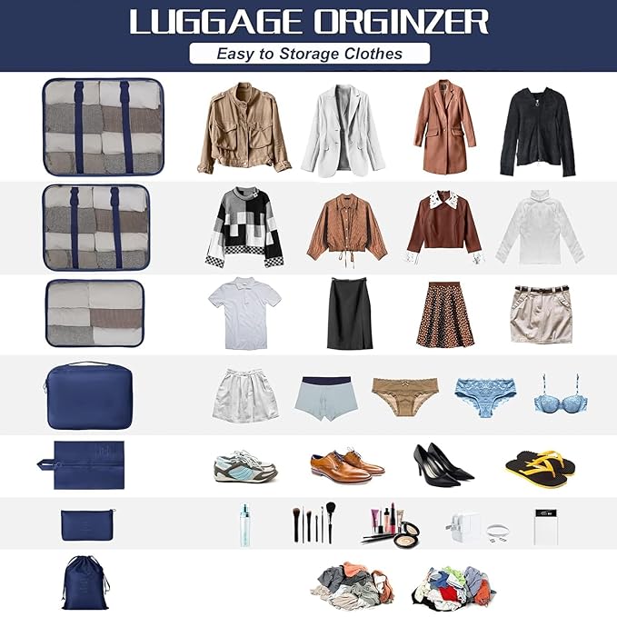 Unknowns Travel Organizer 7 in 1 Travel Laundry Cosmetics Luggage Packing Organizers Set Makeup Bags Organizer Packing Cubes with Shoe Bag for Travel, Nylon