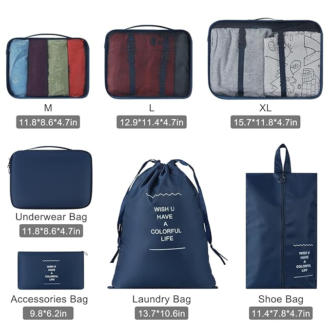 Unknowns Travel Organizer 7 in 1 Travel Laundry Cosmetics Luggage Packing Organizers Set Makeup Bags Organizer Packing Cubes with Shoe Bag for Travel, Nylon