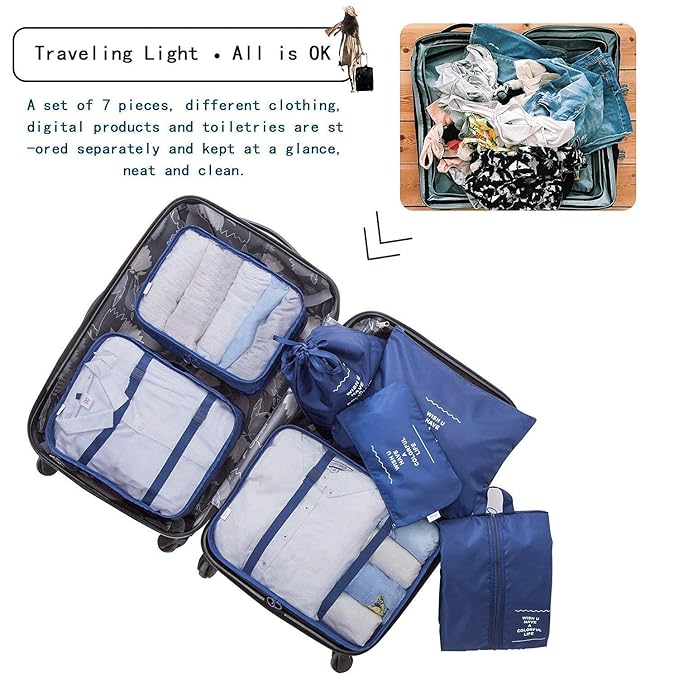 Unknowns Travel Organizer 7 in 1 Travel Laundry Cosmetics Luggage Packing Organizers Set Makeup Bags Organizer Packing Cubes with Shoe Bag for Travel, Nylon