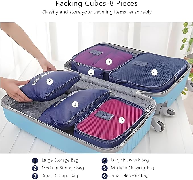 Unknowns 6pcs Set Travel Luggage Organizers with Laundry Bag or Toiletry Bag Laundry Organiser Travel Organizer Packing Cubes Lightweight (Blue, 6 PCS) Polyester, 42 x 32 x 3