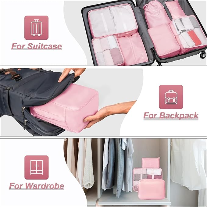 Unknowns Voyager 7-Piece Packing Cubes Set | Luggage Organizer for Clothes, Laundry, Shoes, and Travel Accessories (Pink)