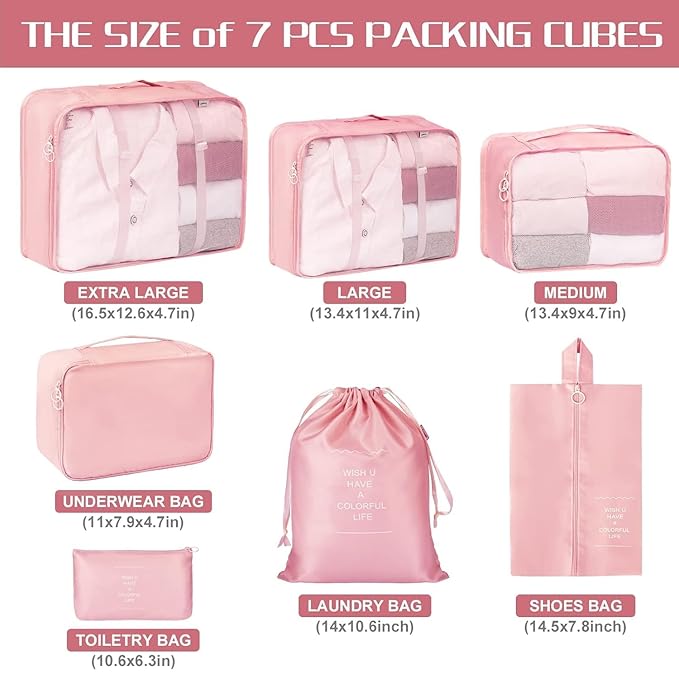 Unknowns Voyager 7-Piece Packing Cubes Set | Luggage Organizer for Clothes, Laundry, Shoes, and Travel Accessories (Pink)