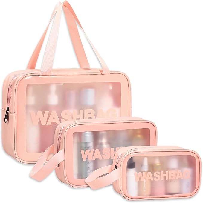 Unknowns Clear Travel Wash Bag Set (3-Piece) | Waterproof PVC Cosmetic Organizer for Liquids, Makeup, and Toiletry Storage (PINK)
