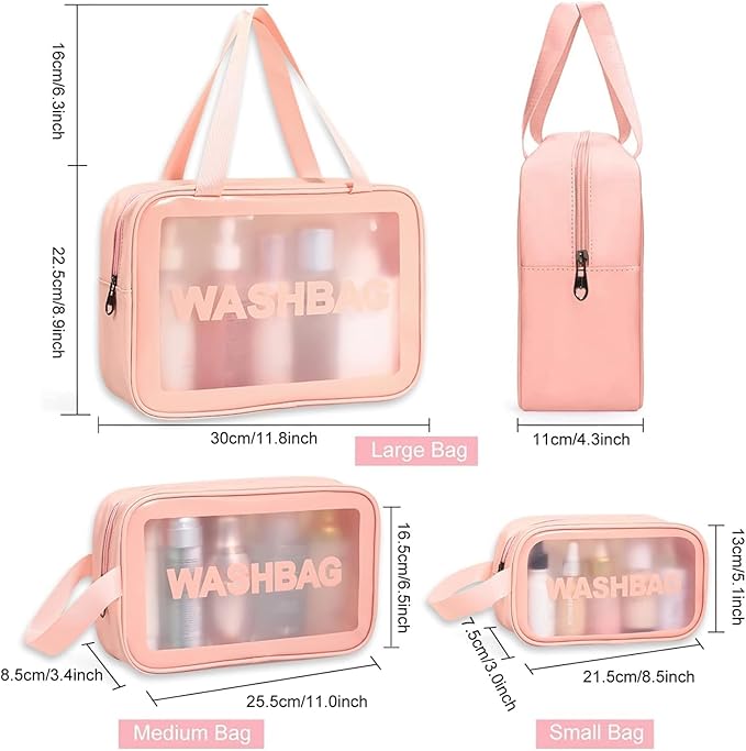 Unknowns Clear Travel Wash Bag Set (3-Piece) | Waterproof PVC Cosmetic Organizer for Liquids, Makeup, and Toiletry Storage (PINK)