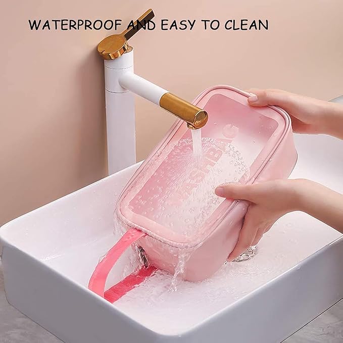 Unknowns Clear Travel Wash Bag Set (3-Piece) | Waterproof PVC Cosmetic Organizer for Liquids, Makeup, and Toiletry Storage (PINK)