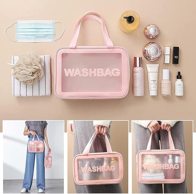 Unknowns Clear Travel Wash Bag Set (3-Piece) | Waterproof PVC Cosmetic Organizer for Liquids, Makeup, and Toiletry Storage (PINK)