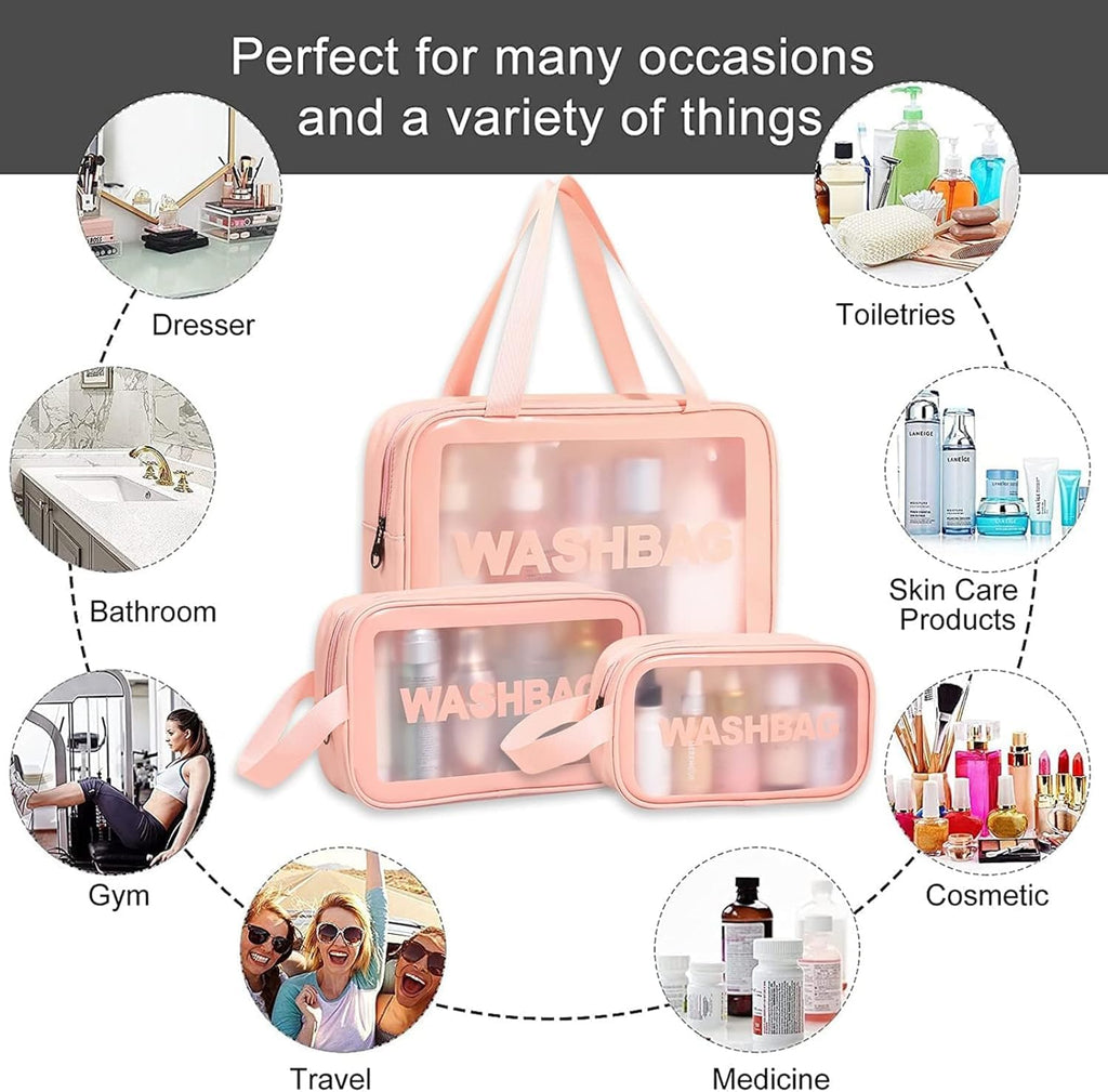 Unknowns Clear Travel Wash Bag Set (3-Piece) | Waterproof PVC Cosmetic Organizer for Liquids, Makeup, and Toiletry Storage (PINK)