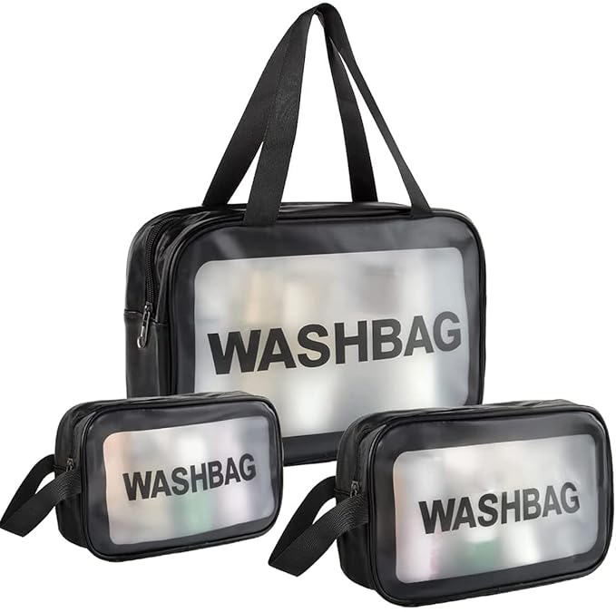 Unknowns Clear Travel Wash Bag Set (3-Piece) | Waterproof PVC Cosmetic Organizer for Liquids, Makeup, and Toiletry Storage (BLACK)