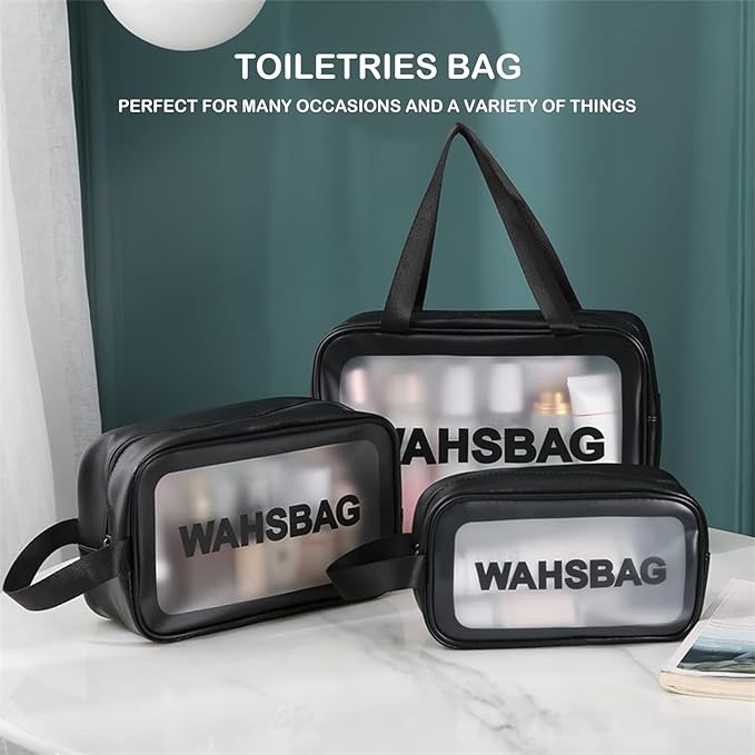Unknowns Clear Travel Wash Bag Set (3-Piece) | Waterproof PVC Cosmetic Organizer for Liquids, Makeup, and Toiletry Storage (BLACK)
