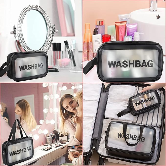 Unknowns Clear Travel Wash Bag Set (3-Piece) | Waterproof PVC Cosmetic Organizer for Liquids, Makeup, and Toiletry Storage (BLACK)