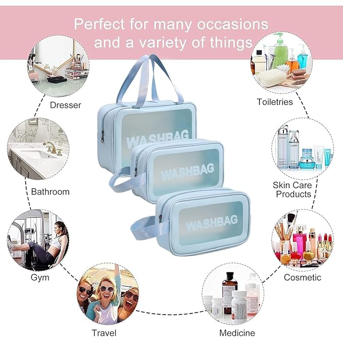 Unknowns Clear Travel Wash Bag Set (3-Piece) | Waterproof PVC Cosmetic Organizer for Liquids, Makeup, and Toiletry Storage (BLUE)