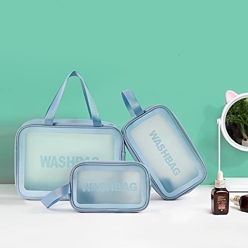 Unknowns Clear Travel Wash Bag Set (3-Piece) | Waterproof PVC Cosmetic Organizer for Liquids, Makeup, and Toiletry Storage (BLUE)